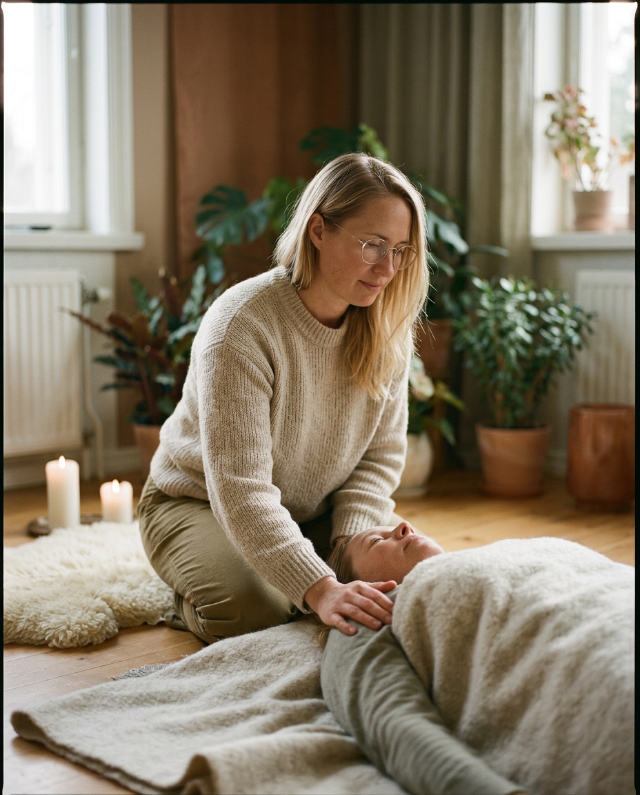 To kvinner sitter på gulvet i et solfylt rom, hånd på hjertet — embodiment-økt