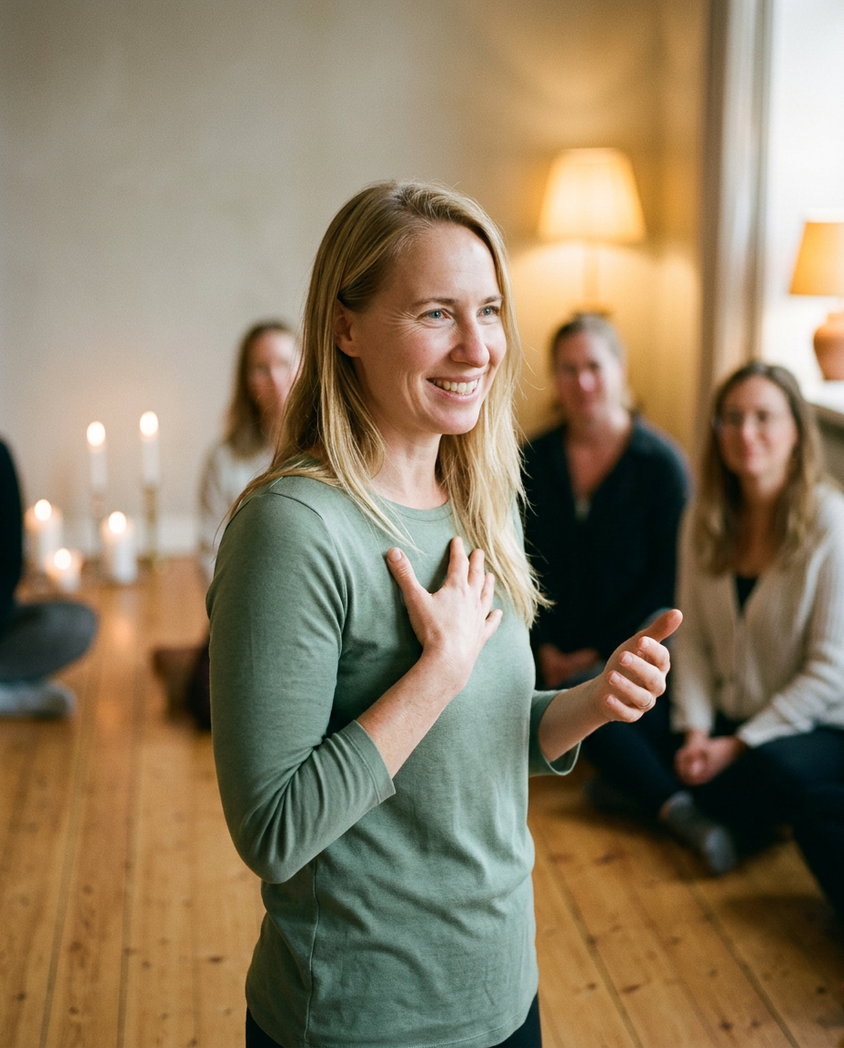 Therese på en intim scene, hånd på hjertet, varmt lys — kroppsliggjort foredrag