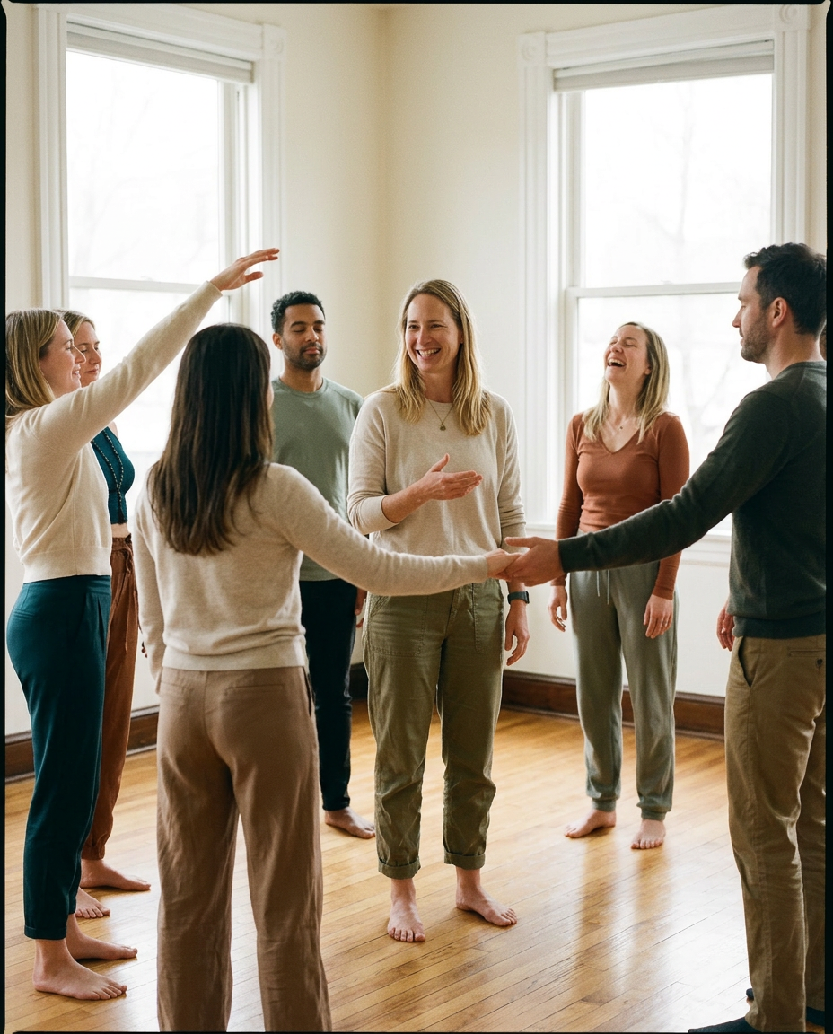 Liten gruppe barføtt i sirkel i et lyst trestudio — workshop