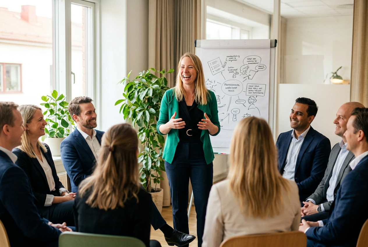 Mennesker i sirkel i et solfylt rom — bilde fra workshop